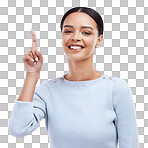 Woman face, portrait smile and pointing up at mock up sales promotion, advertising space or discount deal mockup. Brand commercial, marketing studio or product placement female on white background