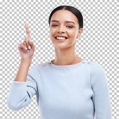 Woman face, portrait smile and pointing up at mock up sales promotion, advertising space or discount deal mockup. Brand commercial, marketing studio or product placement female on white background