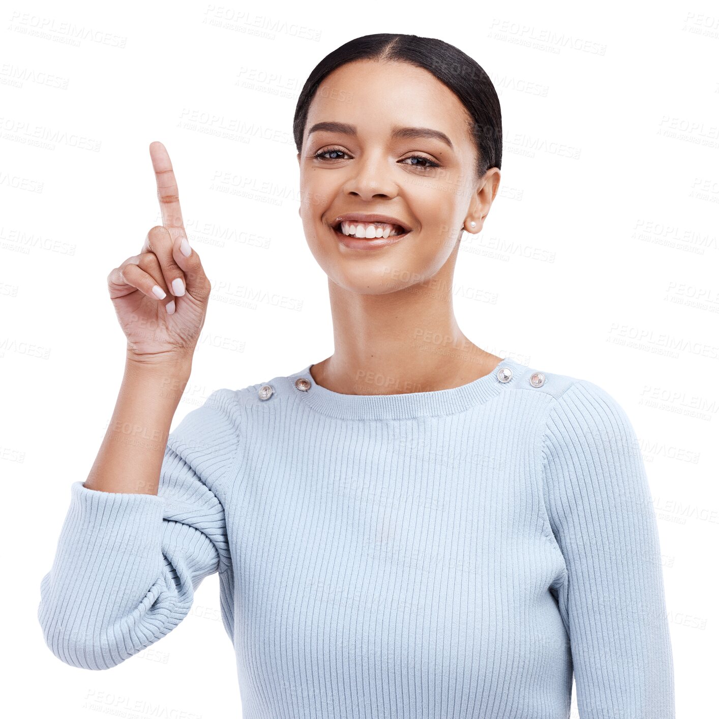 Buy stock photo Pointing up, portrait or happy woman with promotion, sales offer or discount deal isolated on png background. Transparent, smile or person showing menu information, choice or advertising announcement