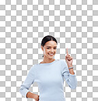 Marketing woman, portrait smile and pointing up at mock up sales promotion, advertising space or discount deal mockup. Brand commercial, studio person or product placement female on white background