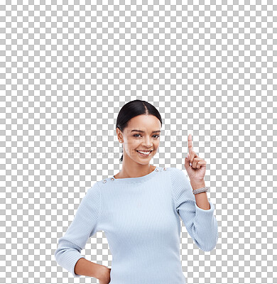 Buy stock photo Pointing up, portrait or happy woman with discount, sales deal or promotion offer isolated on png background. Transparent, smile or person showing menu information, choice or advertising announcement