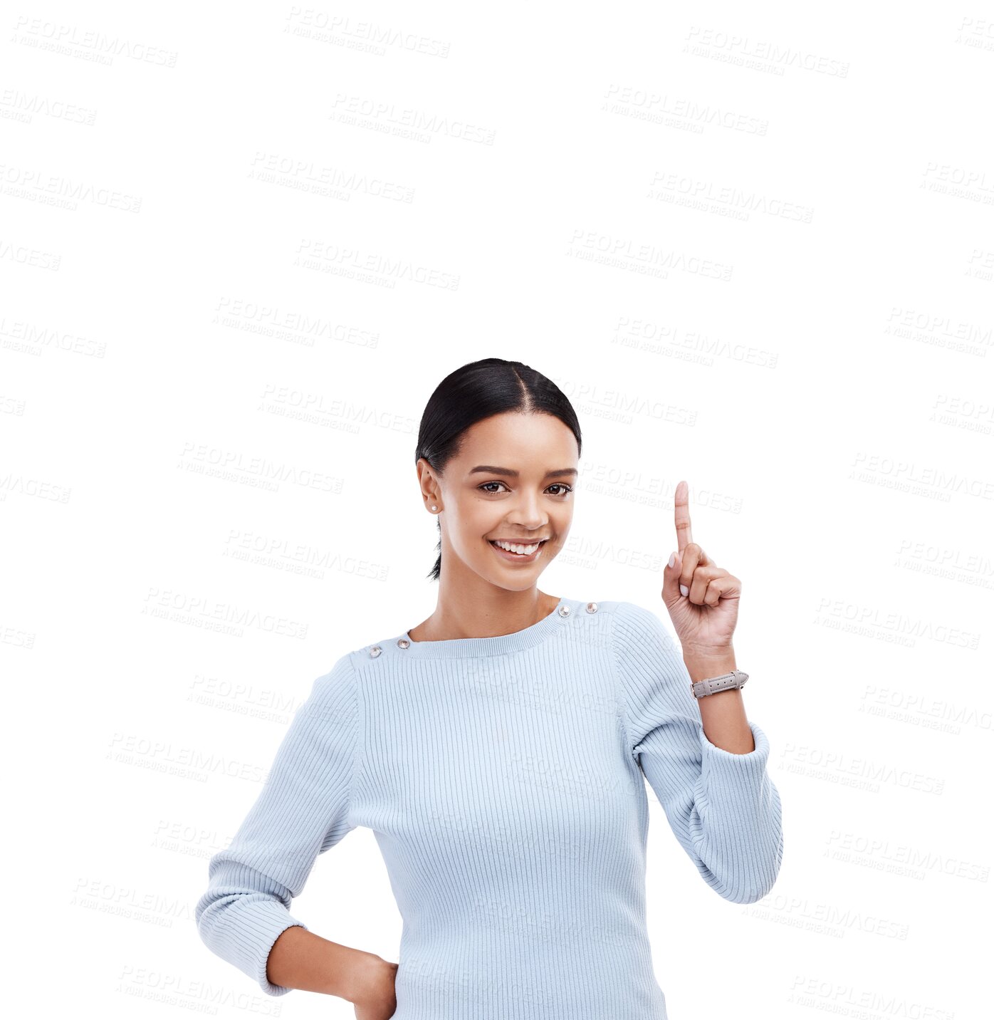 Buy stock photo Pointing up, portrait or happy woman with discount, sales deal or promotion offer isolated on png background. Transparent, smile or person showing menu information, choice or advertising announcement