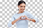 Portrait, heart and hand gesture with a woman on a white background isolated in studio for health or love. Face, hands and emoji with an attractive young female indoor for romance or valentines day