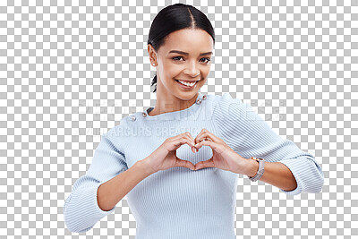 Portrait, heart and hand gesture with a woman on a white background isolated in studio for health or love. Face, hands and emoji with an attractive young female indoor for romance or valentines day
