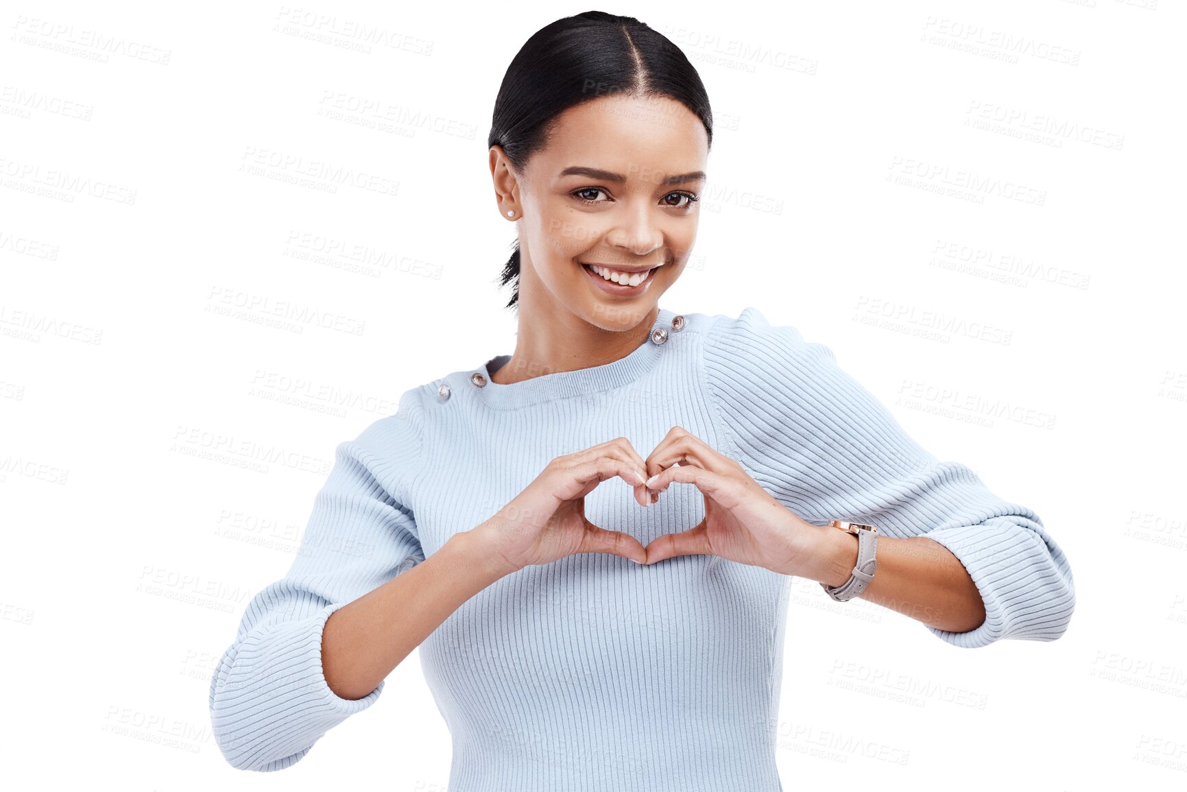 Buy stock photo Portrait, heart hand sign and woman, love and care with support and health isolated on transparent png background. Icon, gesture and emoji, vote and feedback with happy female model and wellness