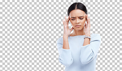Sick, woman and pain of headache in white background, isolated studio and mockup. Stress, migraine and female model with anxiety of brain fog, frustrated problem or depression of mental health crisis