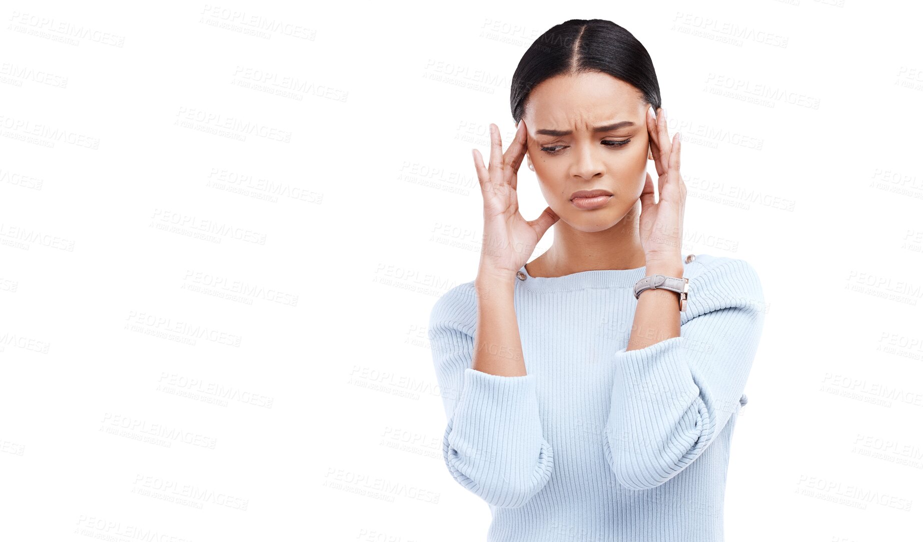 Buy stock photo Headache, mental health problem or woman stress over mistake, crisis or depressed over anxiety, burnout or fail. Sad, migraine or person looking at advertising isolated on transparent, png background