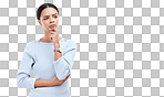 Thinking, mockup and a woman with a difficult decision isolated on a white background in a studio. Doubt, confused and a corporate employee looking thoughtful about business with space on a backdrop