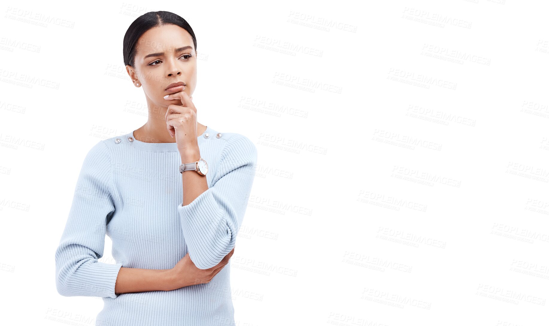 Buy stock photo Thinking, confused and woman in doubt for decision isolated on a transparent PNG background. Thoughtful female person in wonder, emoji or choice and contemplating ideas for plan, remember or memory