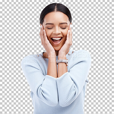 Surprise, wow and woman with smile, excited and cheerful against a studio background. Female, joy and person with news, positive and shock reaction with happiness, mindset and motivation for success