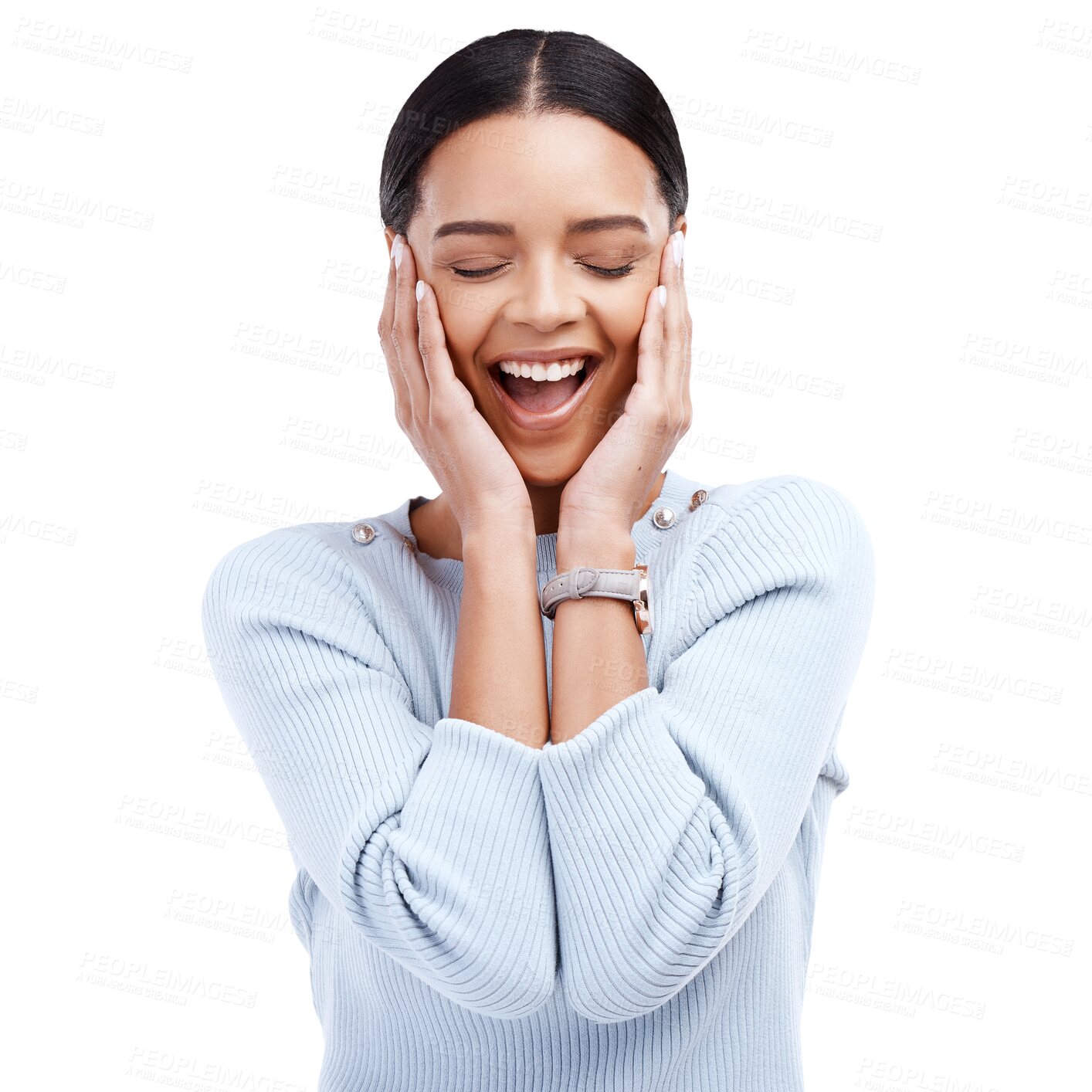 Buy stock photo Surprise news, face or woman excited, cheers or happy for notification, announcement or celebrate competition win. Wow scream, victory winner or shocked person isolated on transparent, png background