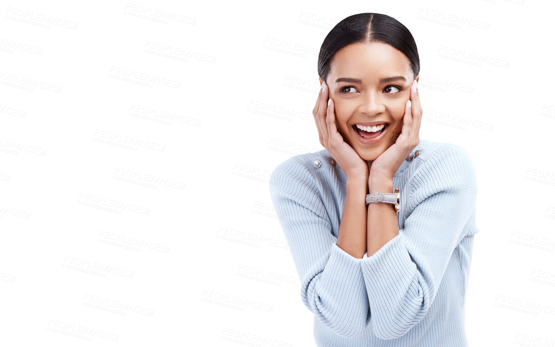 Buy stock photo Surprise news, celebration or woman excited, cheers or happy for discount deal, sales announcement or competition win. Advertising, winner or shocked person isolated on transparent, png background