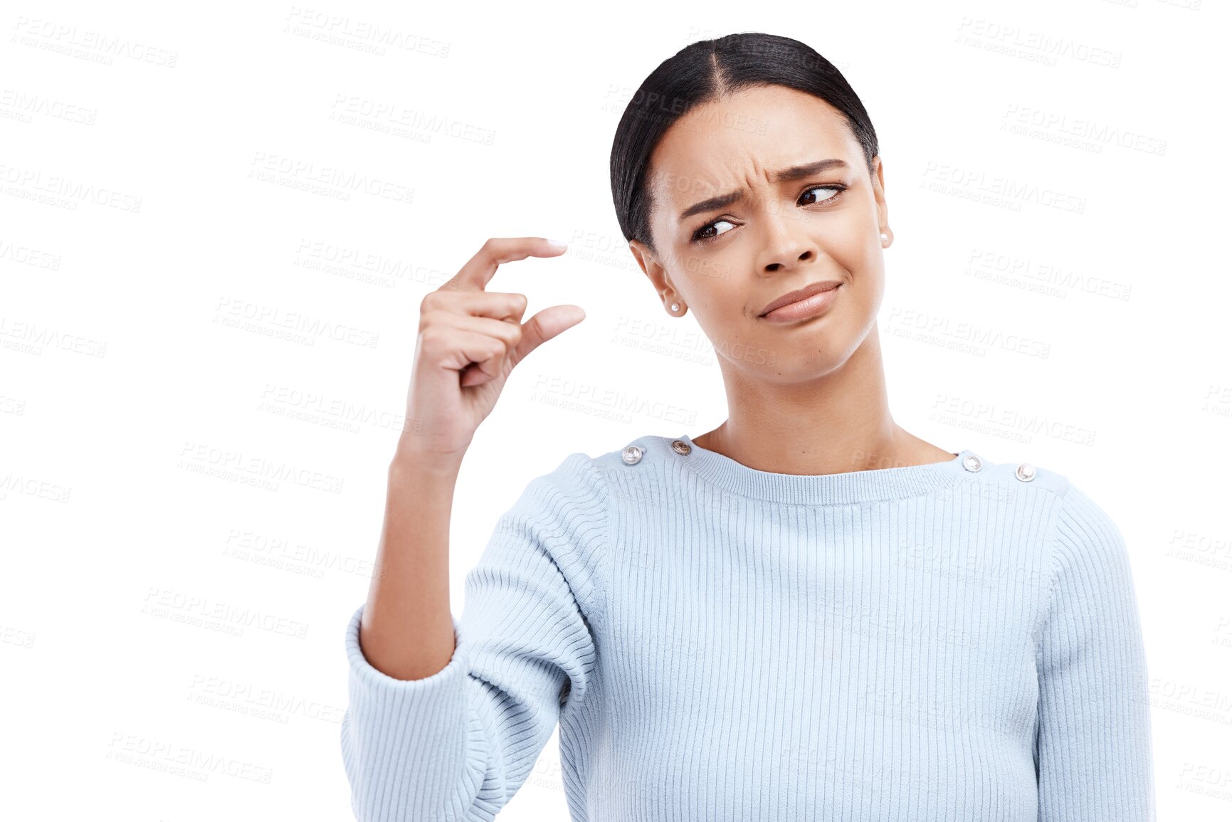 Buy stock photo Small sign, hand and woman with size, gesture or symbol on isolated, png and transparent background. Little, icon and female person with finger emoji disappointed with scale, review and opinion