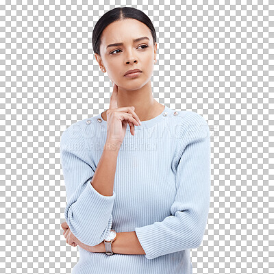 Thinking, confused and face of woman in studio with doubtful, contemplating and thoughtful expression. Emoji reaction, ideas mockup and isolated girl worry, unhappy and anxious on white background