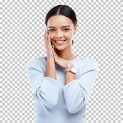 Happy, confidence and the portrait of a stylish woman isolated on a white background in a studio. Smile, gorgeous and a girl looking confident, elegant and cheerful on a backdrop with happiness