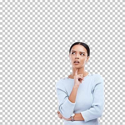 Buy stock photo Thinking, confused and face of woman with doubt isolated on a transparent PNG background. Thoughtful female person in wonder, decision or choice and contemplating ideas for remember or memory