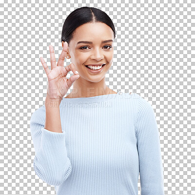 Portrait, yes and hand sign by woman in studio for okay, perfect and positive review on white background. Face, ok and girl with emoji hand for success, vote and support or approval while isolated