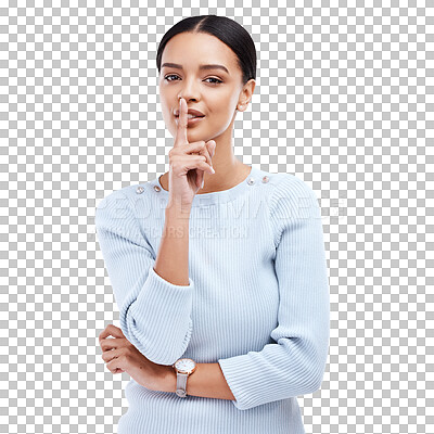 Woman, secret and portrait in a studio with gossip, confidential news and emoji hand sign. Isolated, white background and female model with shush hands gesture with privacy from drama and whisper