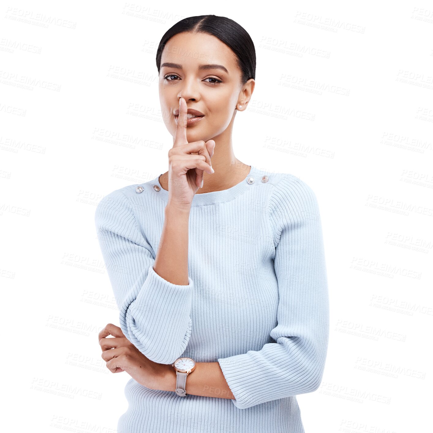 Buy stock photo Woman, secret and portrait for gossip, confidential news and emoji sign isolated on a transparent png background. Young female model with shush hands for privacy, drama and whisper lips for surprise