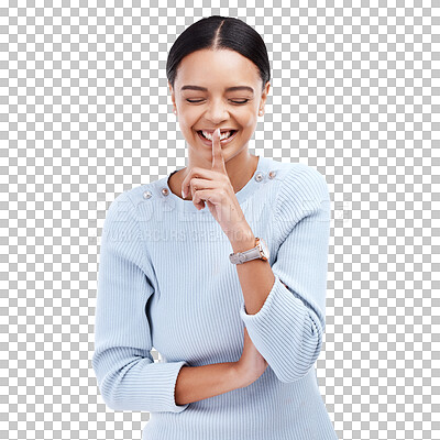 Woman, secret and studio with finger on lips and a smile for confidential news and gossip. Isolated, white background and young female employee with a laugh and happiness from announcement and drama