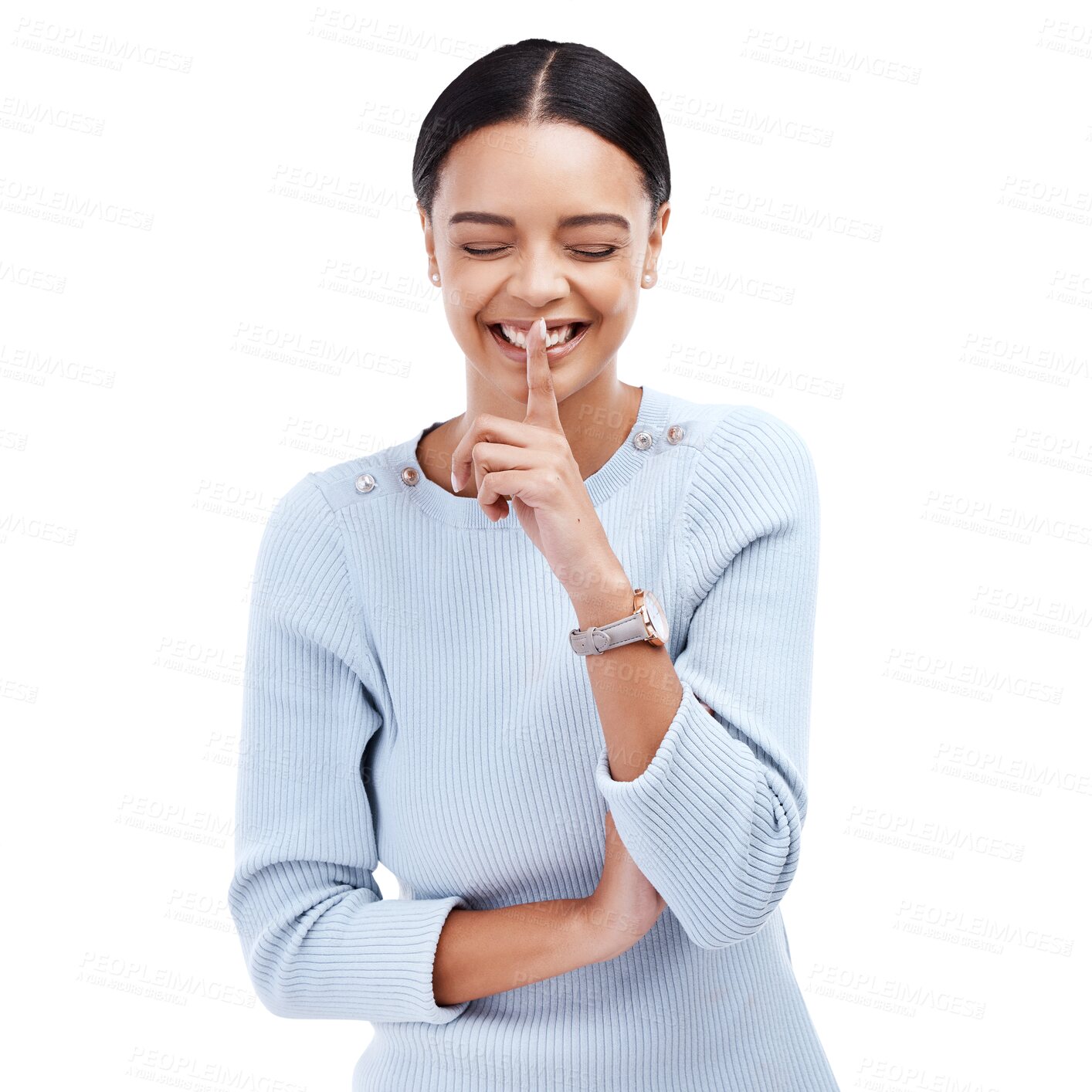Buy stock photo Happy woman, secret and laughing with finger on lips, gossip or crazy news isolated on transparent png background. Female model, emoji sign and shush hands for funny surprise, whisper joke and meme