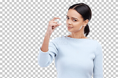 Woman portrait, hand and small sign in studio with size, gesture or symbol on white background. Little, icon and finger emoji by face of girl on mockup with scale, review or opinion while isolated