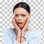 Shock, confused and portrait of woman with hands on head for gossip, rumor and bad news in studio. Emoji reaction, mockup and isolated face of girl upset, unhappy and surprised on white background