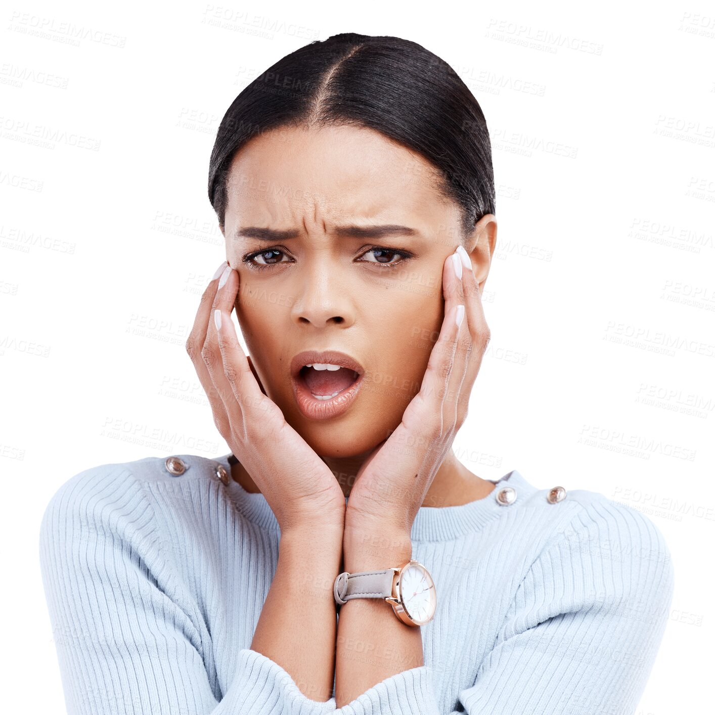 Buy stock photo Shock, confused and portrait of woman with hands on head isolated on a transparent PNG background. Upset or scared face of female person in surprise, emoji or reaction to bad news, gossip or rumor
