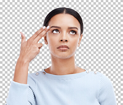 Woman, studio and finger gun to head or brain while frustrated, annoyed or depressed emoji. Face of a serious female model with hand gesture for suicide, shooting or killing on a white background
