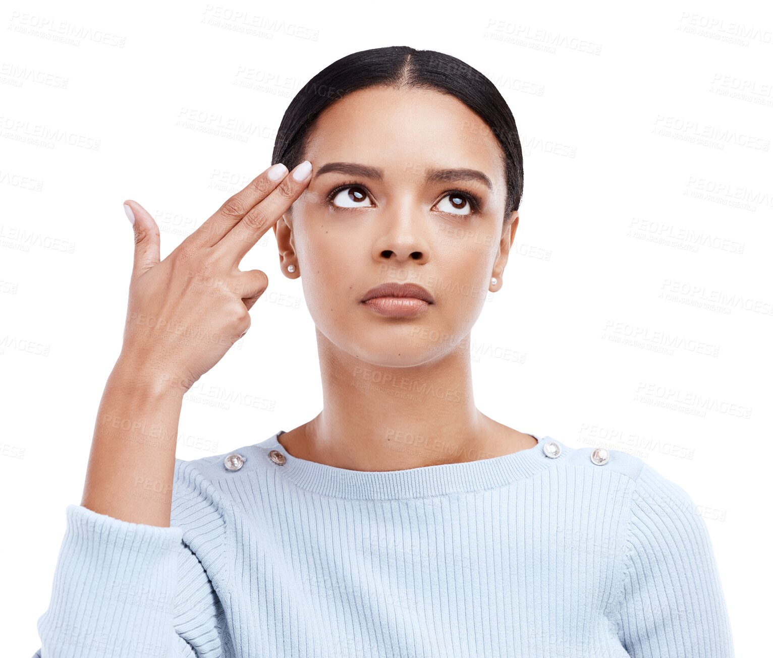 Buy stock photo Woman, face and finger gun to head or brain for frustrated, annoyed or depressed emoji. Serious female model with hand gesture for suicide, shoot or killing on png, isolated or transparent background