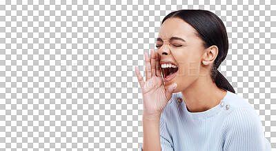 Woman, shouting and screaming on mockup for voice, anger or announcement against a white studio background. Angry female model yelling with open mouth on copy space for protest, message or opinion