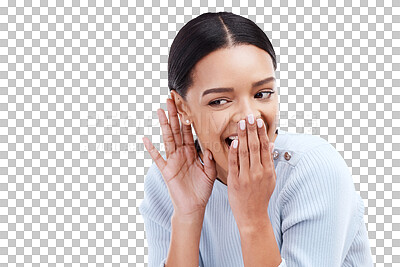 Laughing, woman and listening in studio for gossip, secret or drama on white background. Rumor, news and girl with hand emoji for privacy, whispering and silent, mystery and sharing story isolated