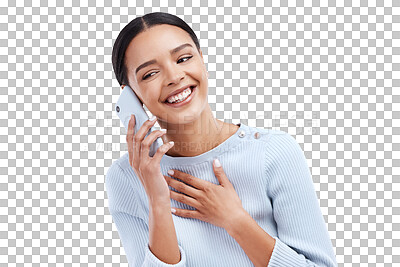 Buy stock photo Phone call, laughing or happy woman in conversation, discussion or speaking for networking. Smile, funny girl or female person talking for mobile communication isolated on transparent png background