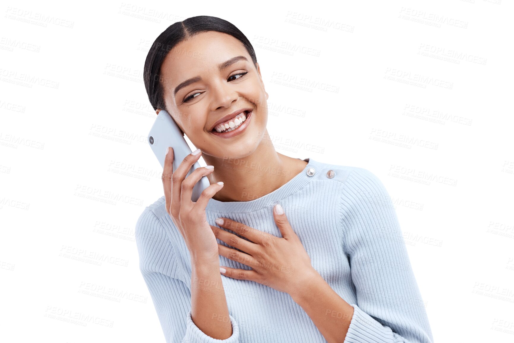 Buy stock photo Phone call, laughing or happy woman in conversation, discussion or speaking for networking. Smile, funny girl or female person talking for mobile communication isolated on transparent png background