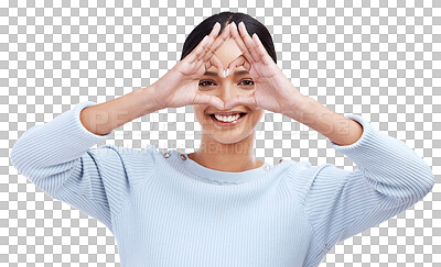 Buy stock photo Woman, portrait and hands in heart frame for love or care isolated on a transparent PNG background. Happy female person with loving emoji, share or symbol on face in happiness, romance or confidence