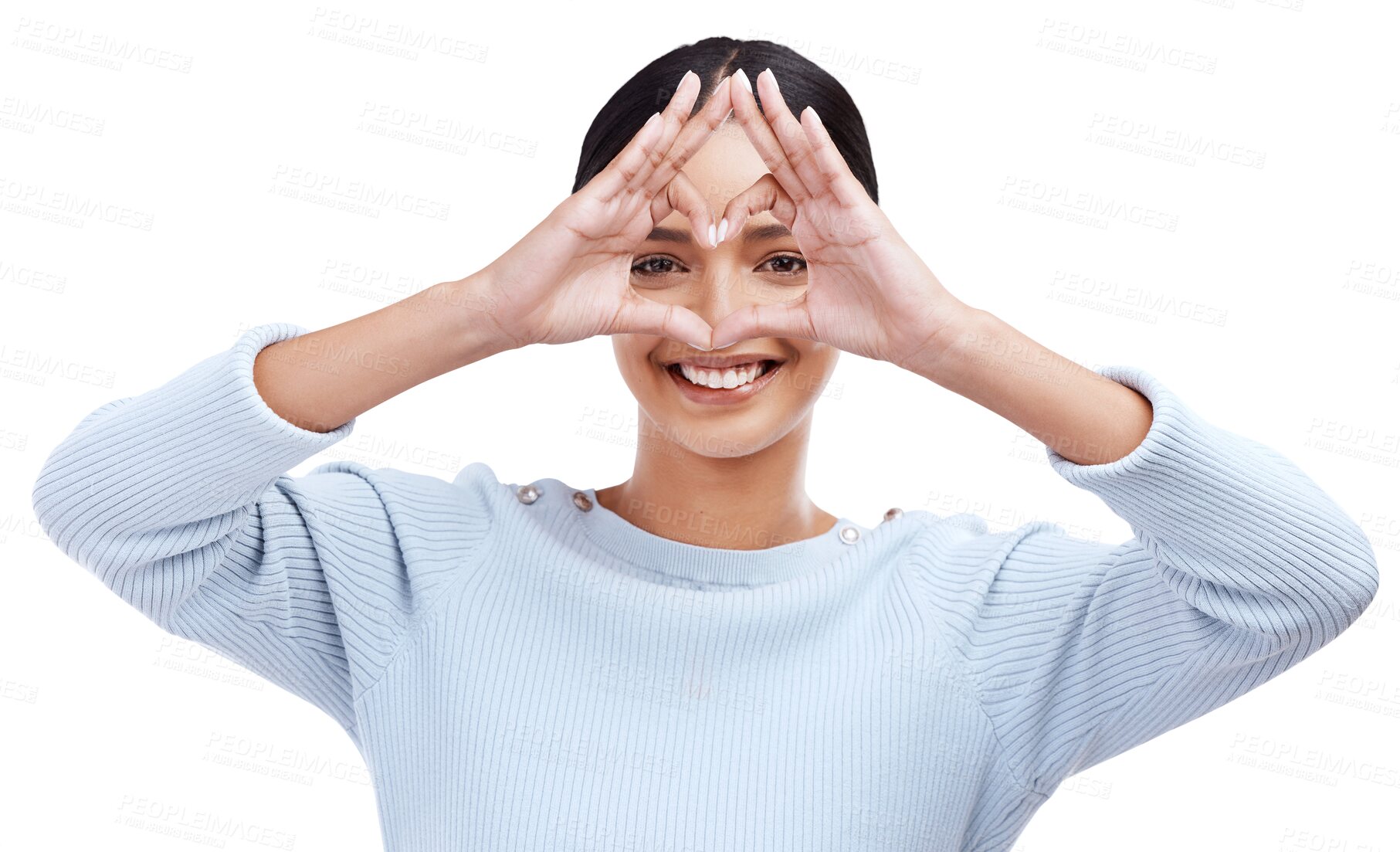 Buy stock photo Woman, portrait and hands in heart frame for love or care isolated on a transparent PNG background. Happy female person with loving emoji, share or symbol on face in happiness, romance or confidence