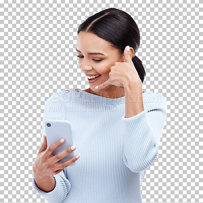 Phone call, sign and woman isolated on a white background for networking, contact and communication on mobile app. Happy young person talking, hello or conversation on cellphone service in studio