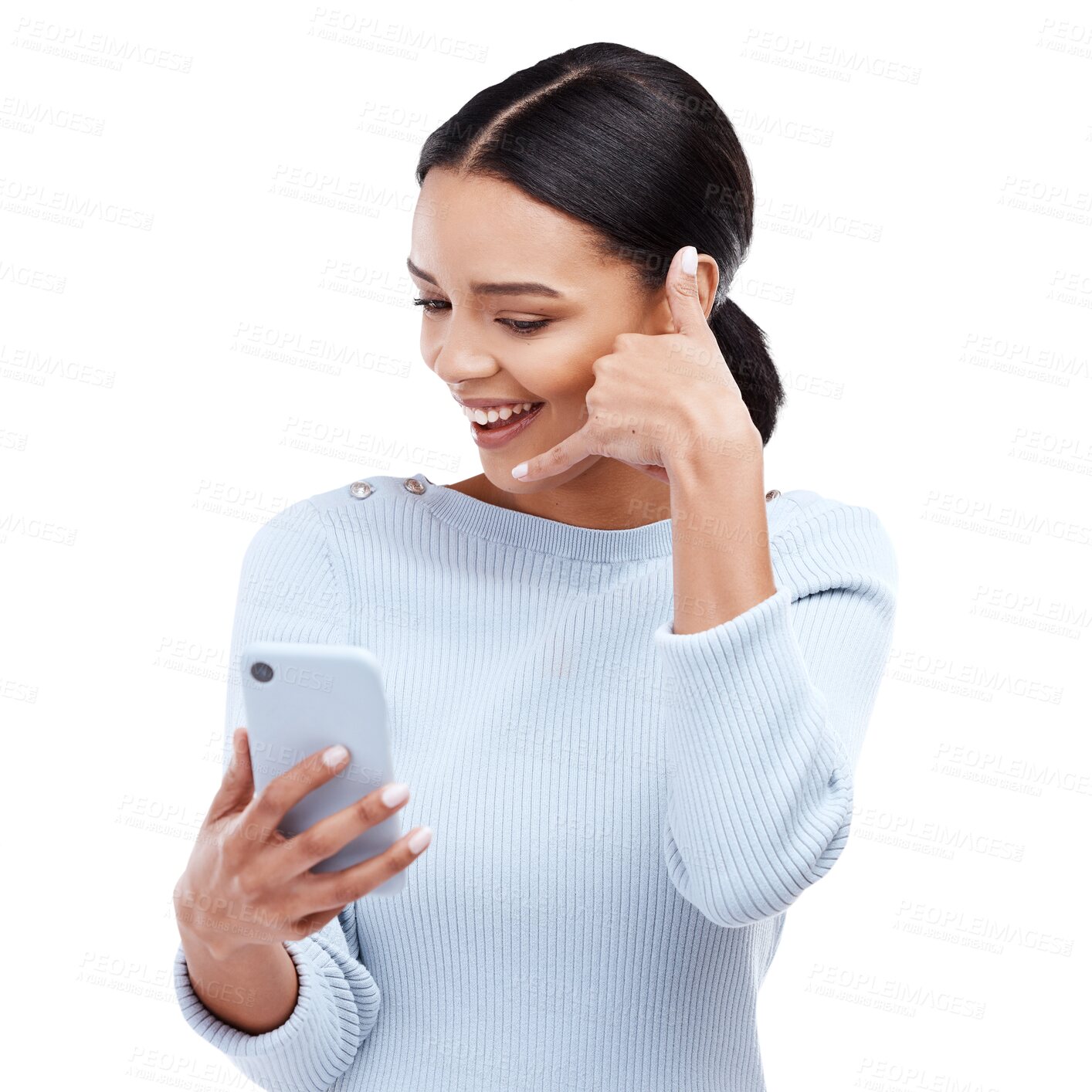 Buy stock photo Phone, selfie and woman with call me hand sign on isolated, transparent and png background. Smartphone chat, video call and girl with gesture for news, contact or online communication connection