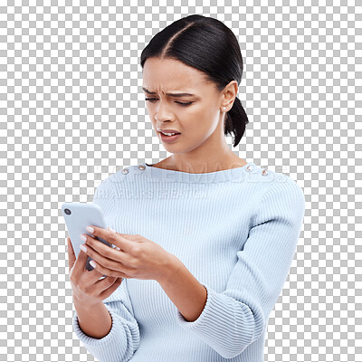 Confused, woman and phone in a studio reading a phishing, scam and fake news text. Isolated, white background and mobile texting of a young and gen z female with spam and spam email with wtf