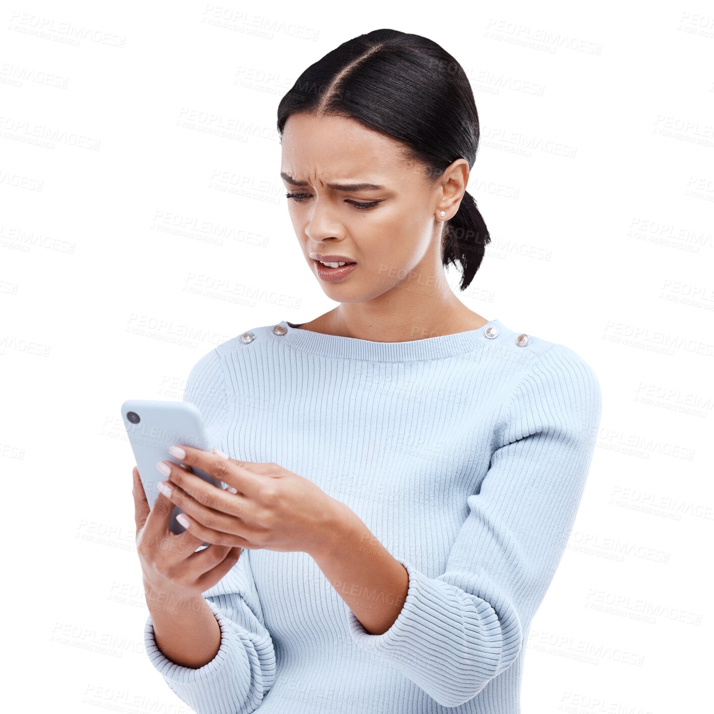 Buy stock photo Wtf, text and woman with confused face on isolated, transparent and png background. Stress, glitch and anxiety by female with phishing, scam or network delay, notification or 404 smartphone crisis