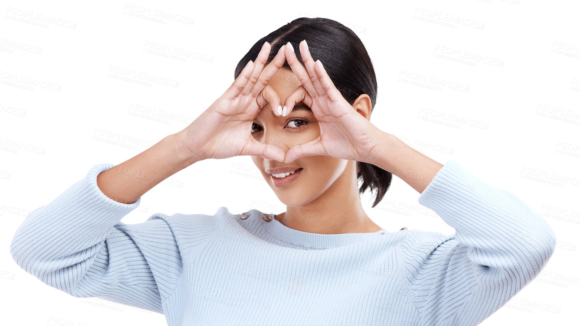 Buy stock photo Frame, portrait and heart hands of woman for love or care isolated on a transparent PNG background. Happy female person with loving emoji, share or symbol on face in happiness, romance or confidence