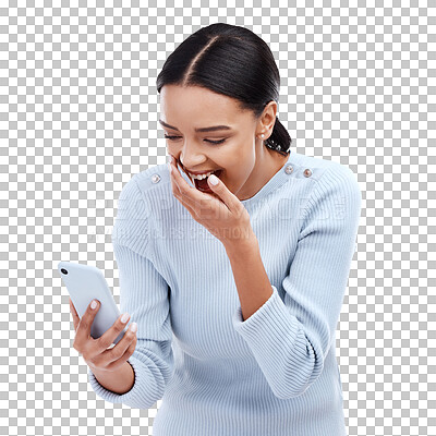 Phone, reading surprise and happy woman shocked over mobile notification, app promotion news or wow discount. OMG savings info, cellphone announcement and excited studio person on white background