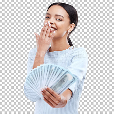 Studio money, portrait and laughing woman with lotto win, competition giveaway or cash dollar award. Finance trading, funny joke or prize winner of poker, bingo or casino gambling on white background
