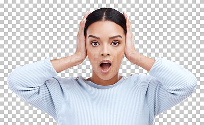 Buy stock photo Surprise, wow and shocked with portrait of woman on png for announcement, gossip and rumor. Confused, secret and fear with face of person isolated on transparent background for hearing and alert