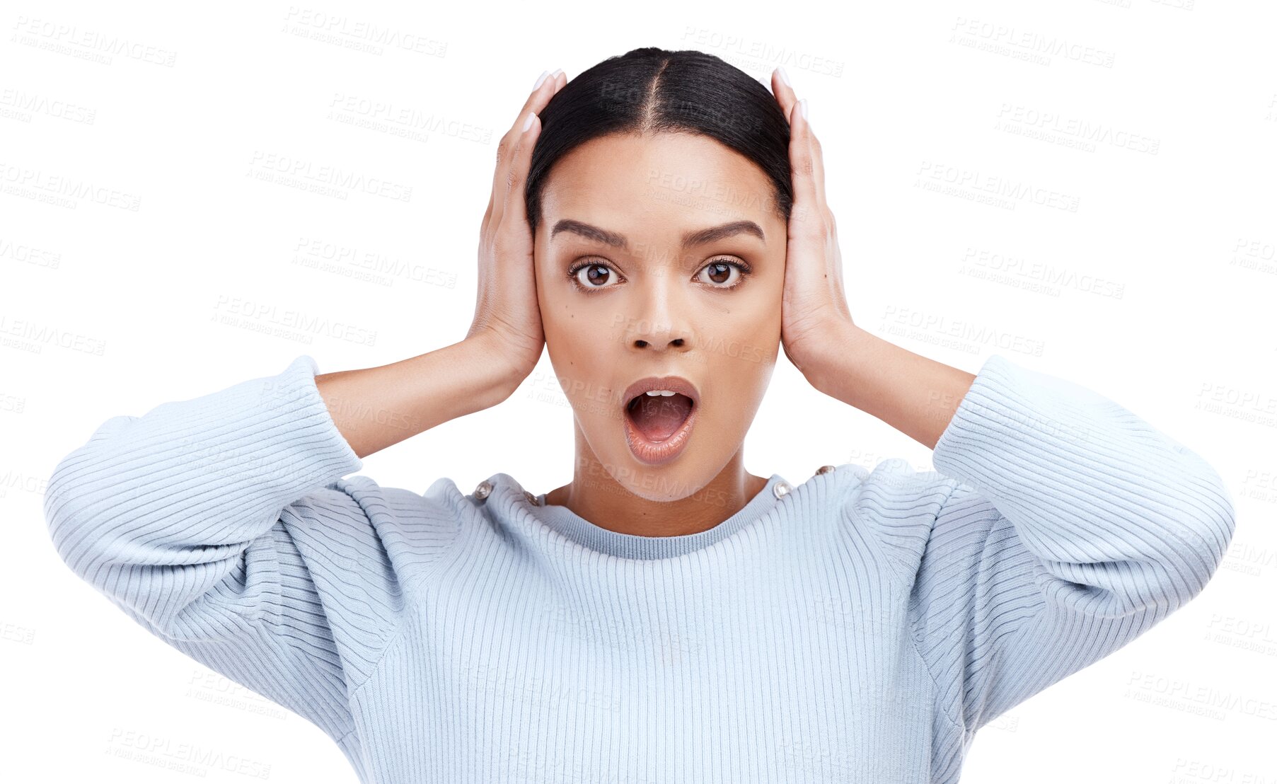 Buy stock photo Surprise, wow and shocked with portrait of woman on png for announcement, gossip and rumor. Confused, secret and fear with face of person isolated on transparent background for hearing and alert