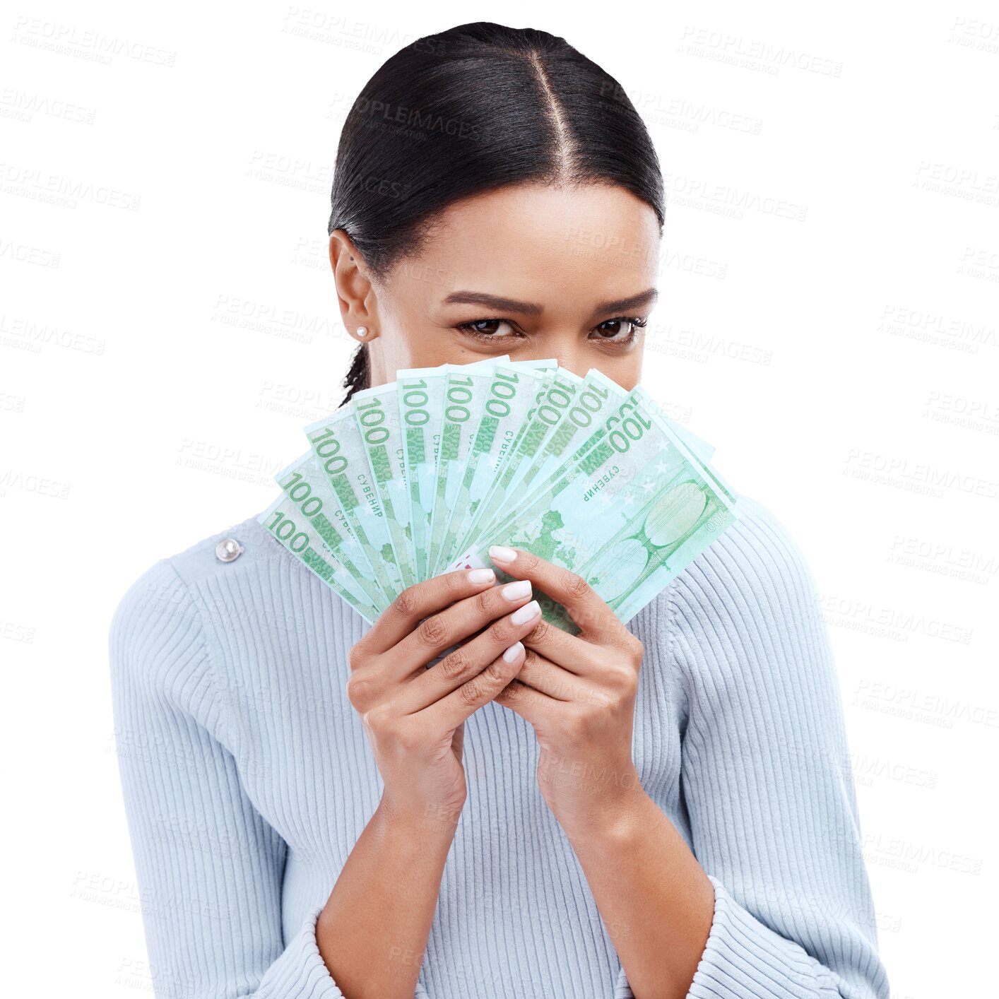 Buy stock photo Portrait, finance and winner with woman and money on png for prize, success or investment. Wow, dollar and bonus with person and cash isolated on transparent background for savings, profit or lottery