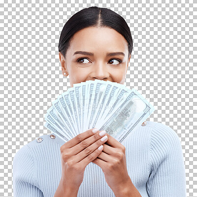 Dollars, face and studio woman with money award win, competition giveaway or bonus cash payment. Finance trading bills, financial freedom income or lotto prize winner with person on white background
