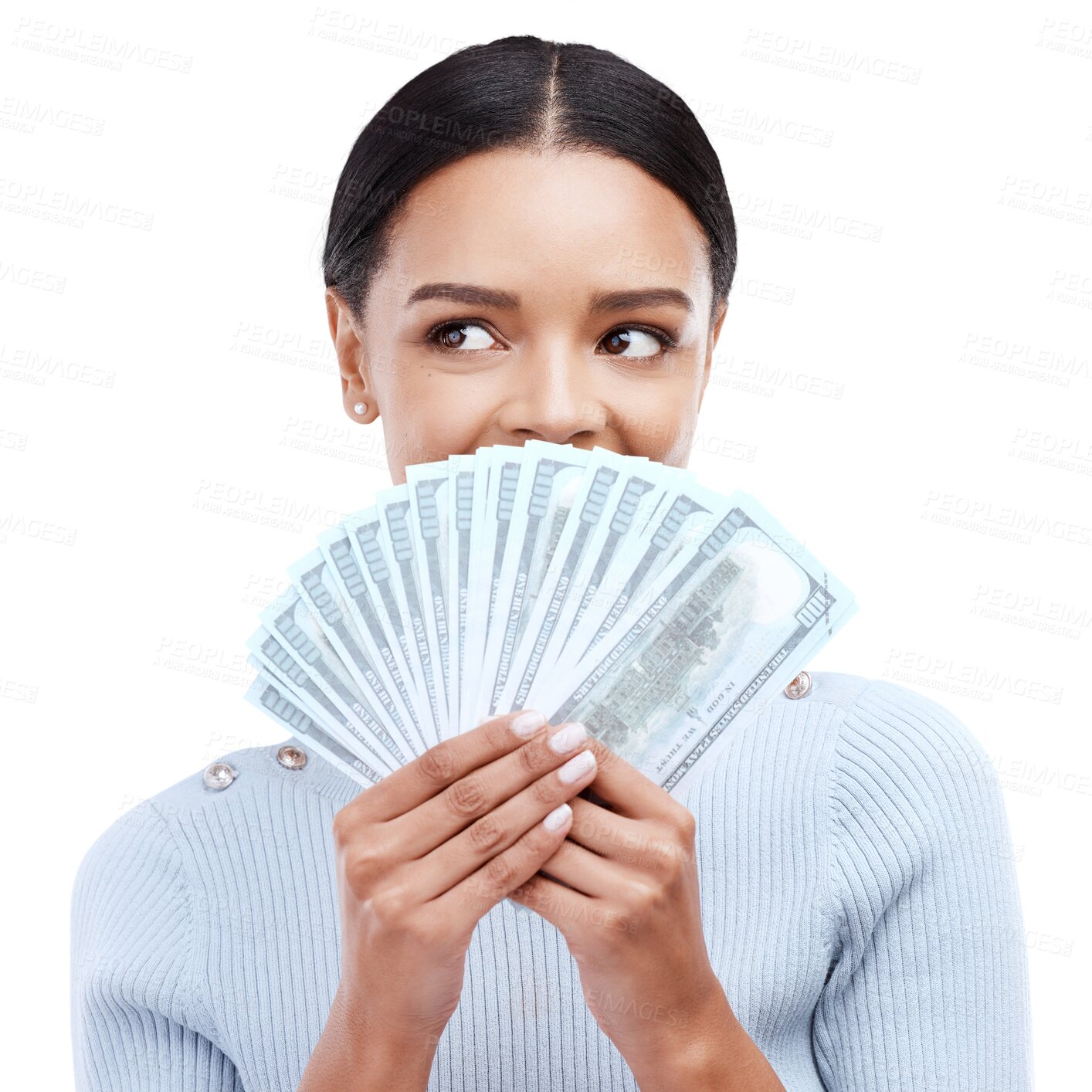 Buy stock photo Thinking, dollar and winner with woman and money on png for prize, success or investment. Wow, finance and bonus with person and cash isolated on transparent background for savings, profit or lottery