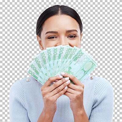 Money woman, face or portrait eyes with lottery win, competition giveaway or euro cash award. Finance trading person, financial freedom or prize winner wealth with studio payment on white background