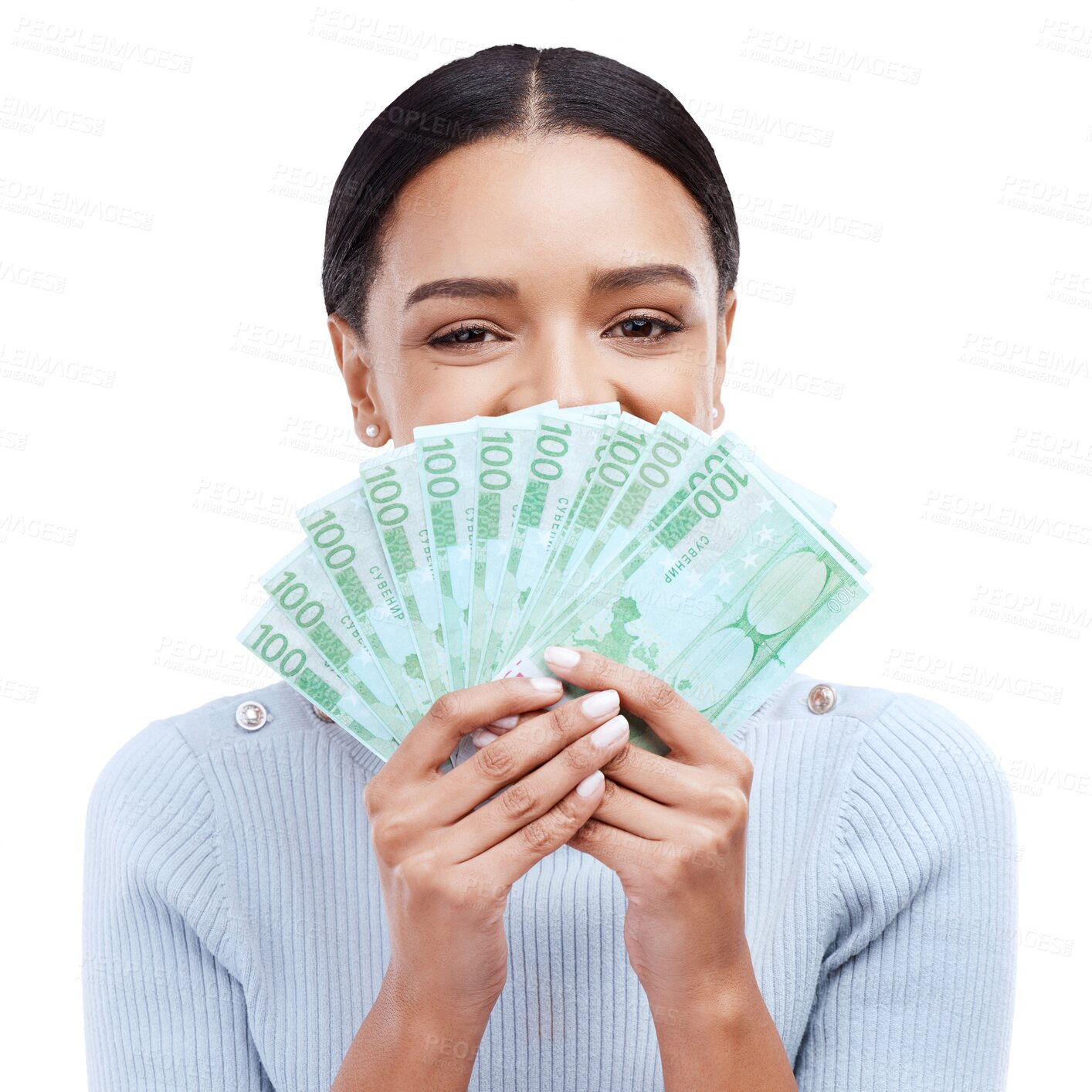 Buy stock photo Portrait, happy and winner with woman and money on png for prize, success or investment. Wow, dollar and bonus with person and cash isolated on transparent background for savings, profit or lottery